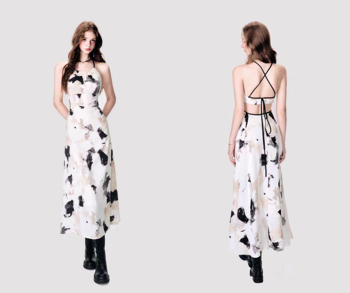 French style halter neck ink painting suspender dress women's summer sexy backless long dress