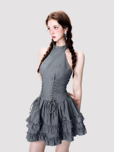 Dark Lolita shoulder-cut sleeveless waist slimming black halter dress for women in summer