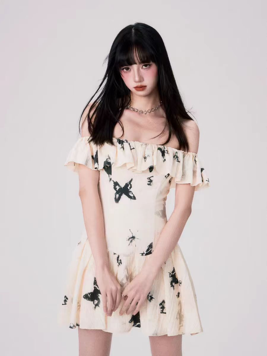 French ink butterfly print one-shoulder dress