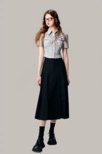 College style black pleated long skirt for women, slimming A-line skirt