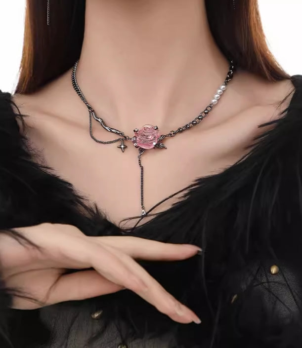 Pink Rose Flower Necklace Sweater Chain