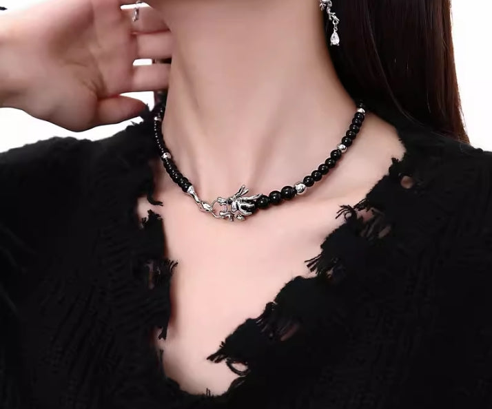 Black Beaded Dragon Necklace