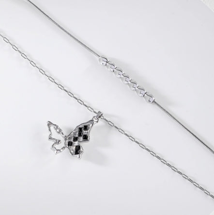 Checkerboard Half Butterfly Necklace Double Layered Clavicle Chain