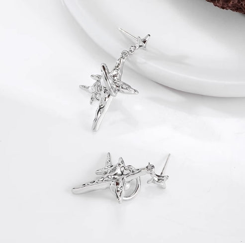 Unique cold style pearl four-pointed star earrings