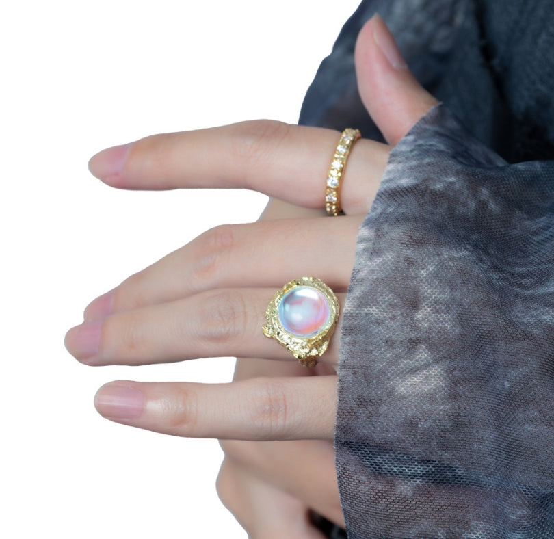 Lava texture inlaid moonstone adjustable ring