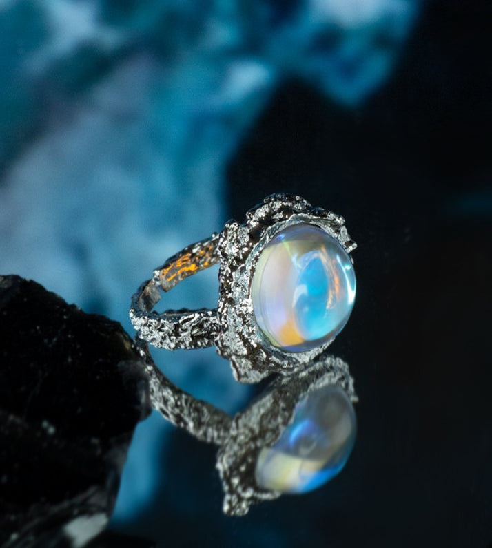 Lava texture inlaid moonstone adjustable ring