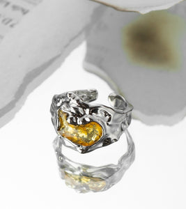 Irregular gold foil texture open silver ring