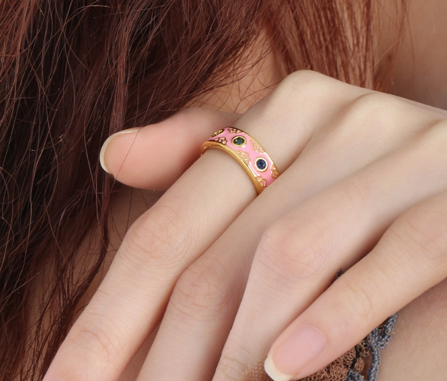 Love heart glue pink adjustable ring