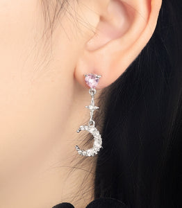 Asymmetric pink diamond heart star moon earrings