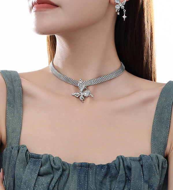 Retro silver hip-hop style choker butterfly necklace