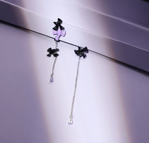 Purple black bird asymmetrical earrings