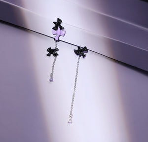 Purple black bird asymmetrical earrings