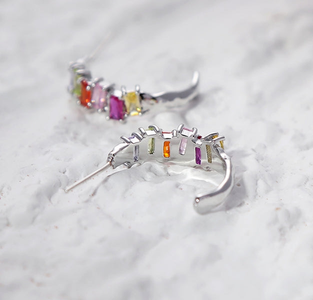 Colorful zirconium geometric irregular C hoop earrings