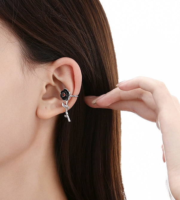 Burgundy gemstone rose ear cuff (left)