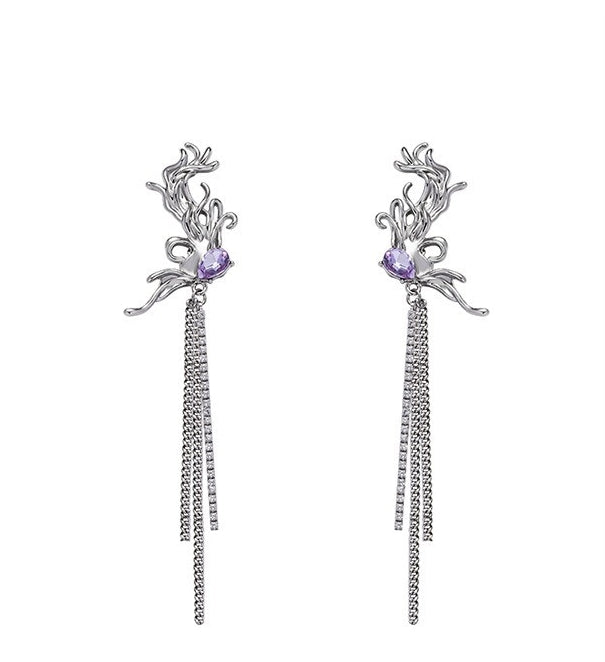 Fantasy Purple Zirconia Butterfly Tassel Earrings