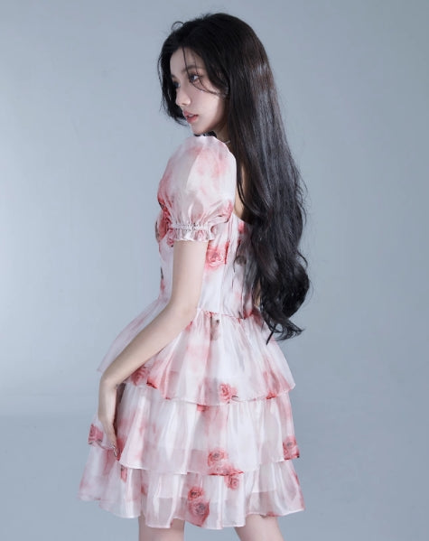 Rose Princess Puff Sleeve Dress Fairy Date Dress