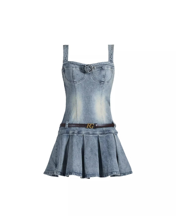 Rose Denim Dress Retro Hot Girl Slim Suspender Dress With Belt