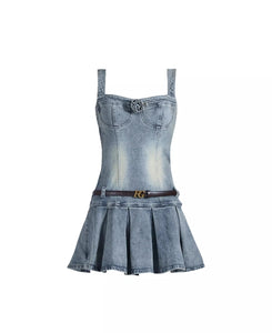 Rose Denim Dress Retro Hot Girl Slim Suspender Dress With Belt