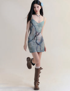 Dream Butterfly Print Slim Suspender Dress