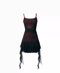 Black red hot diamond mesh slim suspender dress