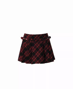 Rock red black plaid pleated skirt versatile a-line short skirt