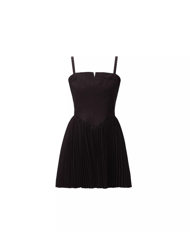 Silky black pleated summer date suspender dress