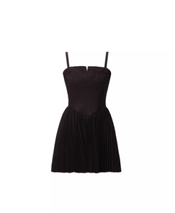 Silky black pleated summer date suspender dress