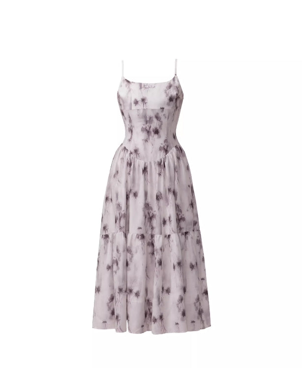 Ink-dyed rose sling dress with elegant waist