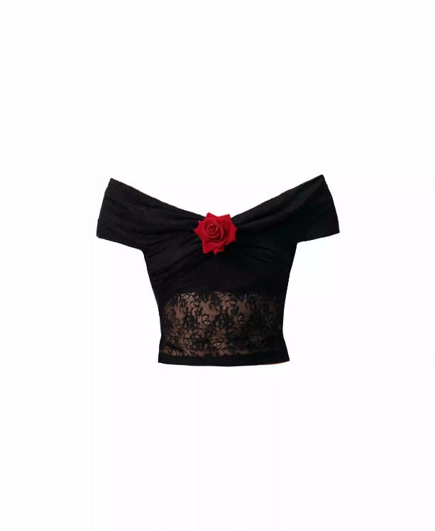 Rose Black Lace Off-shoulder Short Top Skirt