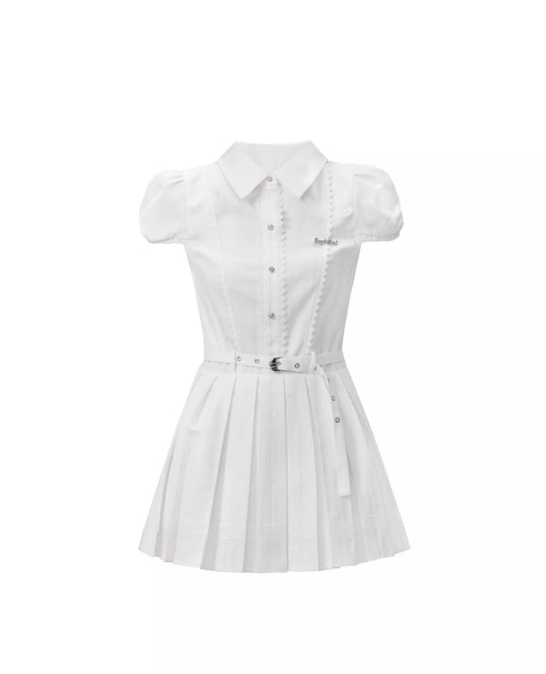 Preppy style white waist shirt dress