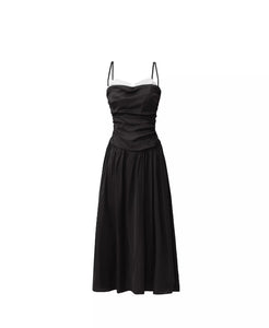 Temperament black pleated suspender dress