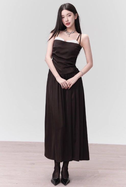 Temperament black pleated suspender dress