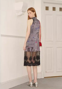 Graffiti Print Button Lace Sleeveless Slim Fit Dress