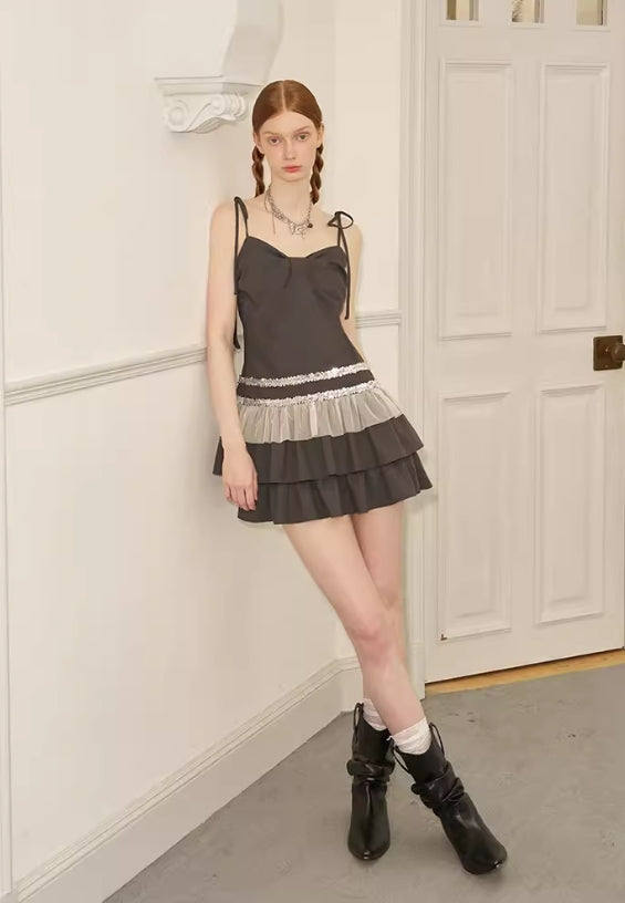 Mesh patchwork lace-up suspender dress