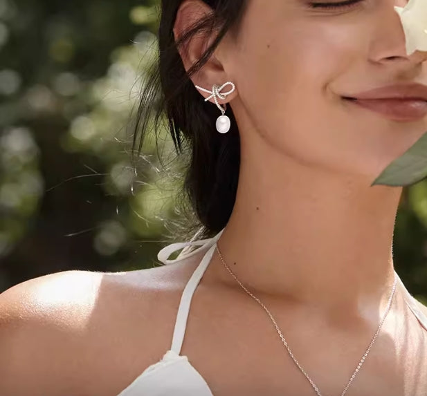 Solid Silver White Rose Ribbon Earrings