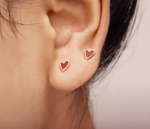 Solid gold small red heart gold earrings