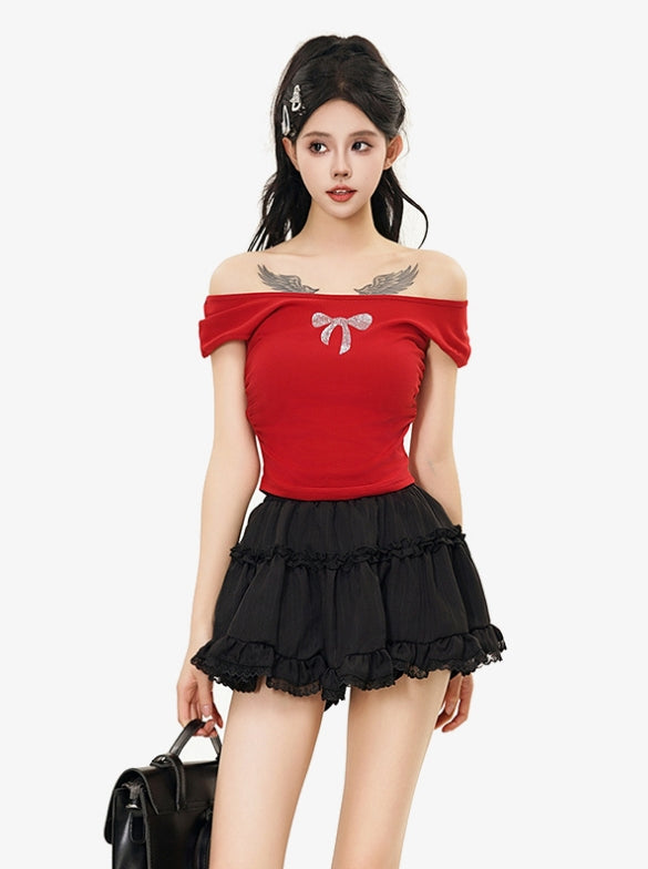 Bowknot hot diamond large round neck pleated short T