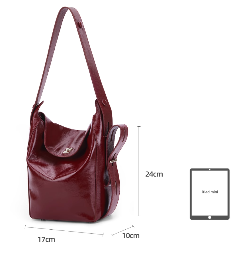 Niche Red Cowhide Bucket Bag