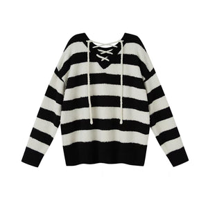 Lazy style striped tie knitted pullover V-neck long sleeve loose