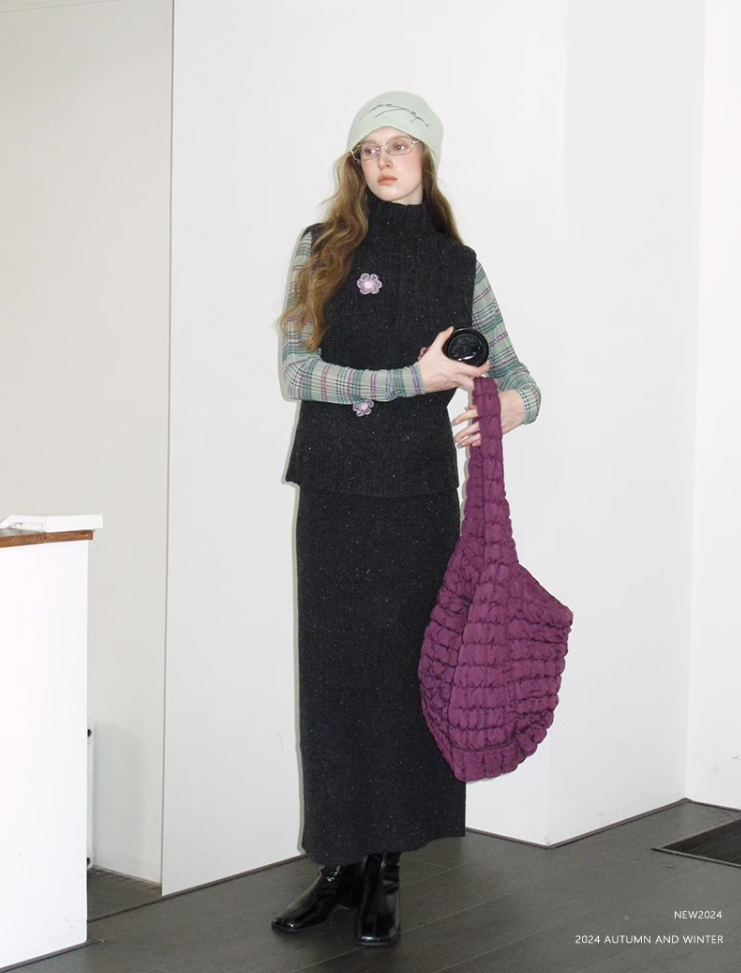 "Artistic Chic" Wool Speckled Textured Turtleneck Vest & Midi Skirt