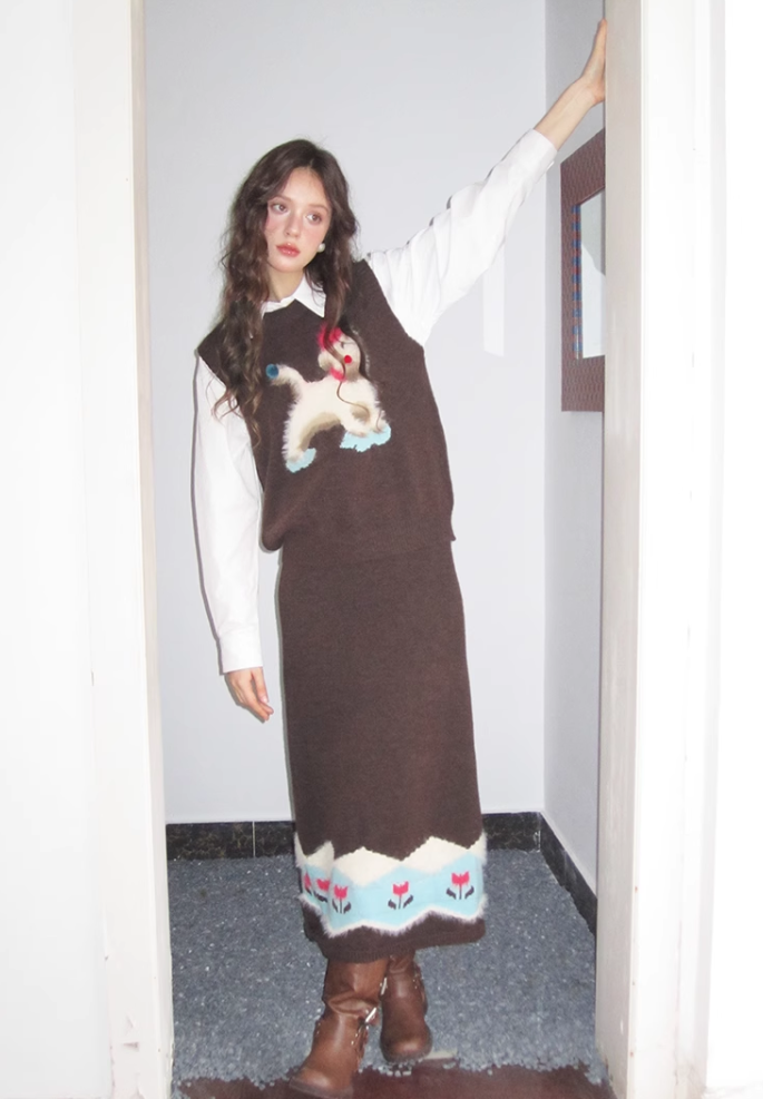 "Arles Puppy" Vintage Fuzzy Vest and Knitted Sweater + Midi Skirt