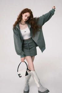 Cotton retro American high street hooded velvet sweater jacket + short skirt set