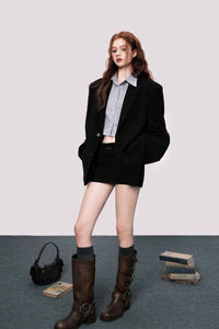 Women's loose high-end black casual suit with shoulder pads