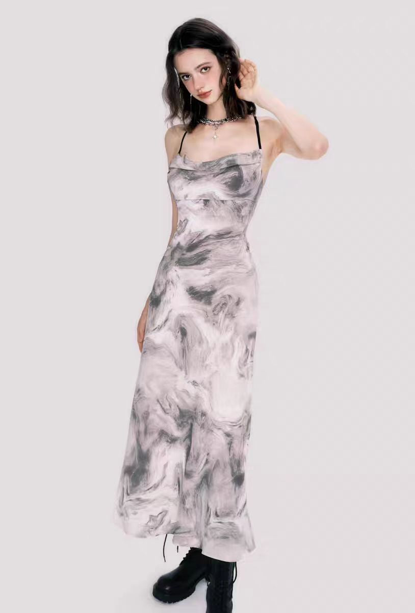 Chinese style ink painting new Chinese style swing collar sling backless long dress