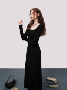 Cool feeling long sleeve knitted large square collar dress black slim long dress women autumn