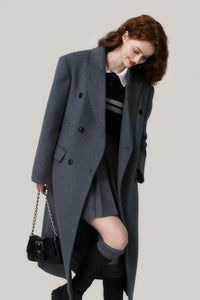 Slim version shoulder pad double-breasted elegant wool coat women's neat and wide long coat