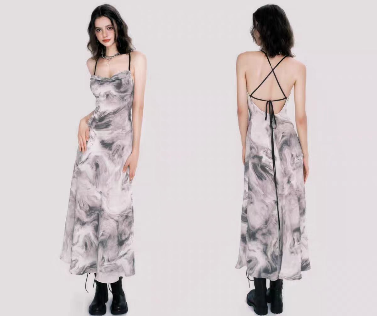 Chinese style ink painting new Chinese style swing collar sling backless long dress