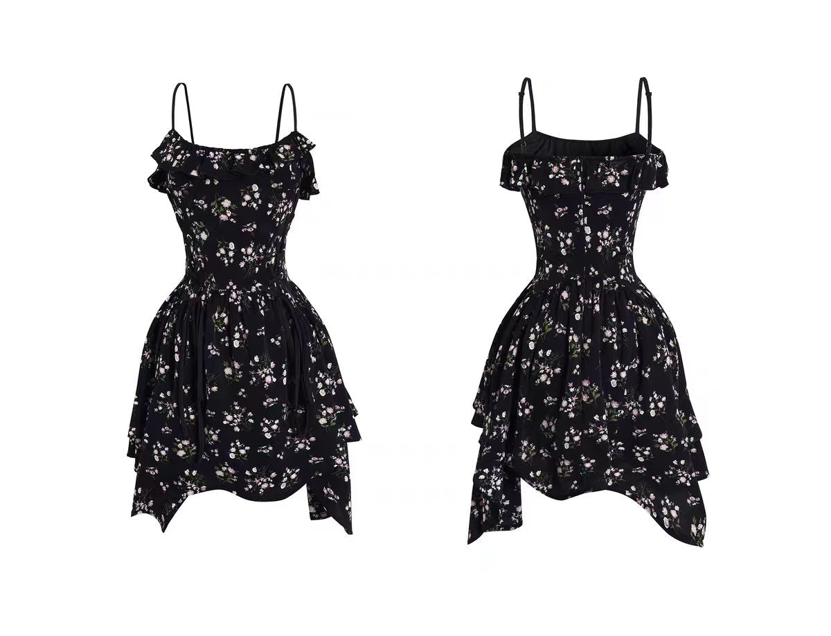 Dark pure desire style waist irregular floral skirt suspender dress women summer