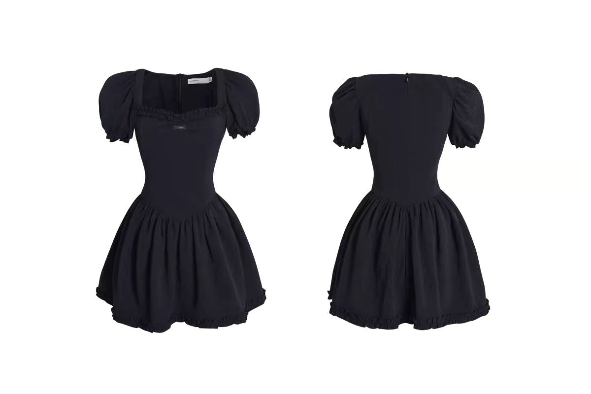 French black square-neck puff-sleeved dress for women, summer short, sweet and cool princess dress