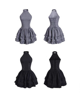 Dark Lolita shoulder-cut sleeveless waist slimming black halter dress for women in summer